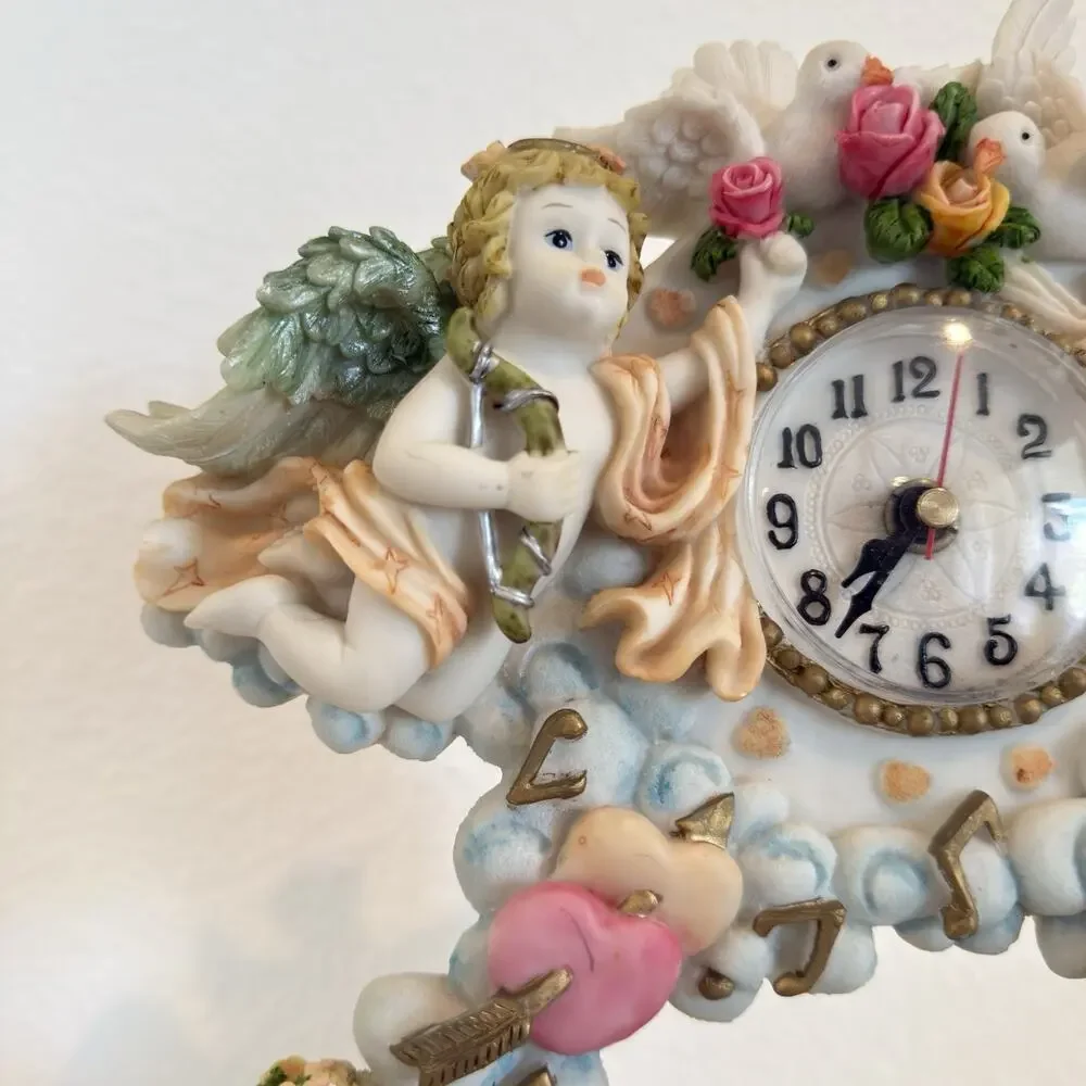 Vintage Large Cherub Angel Pendulum Quartz Clock Roses Heart 12” Decor WORKING